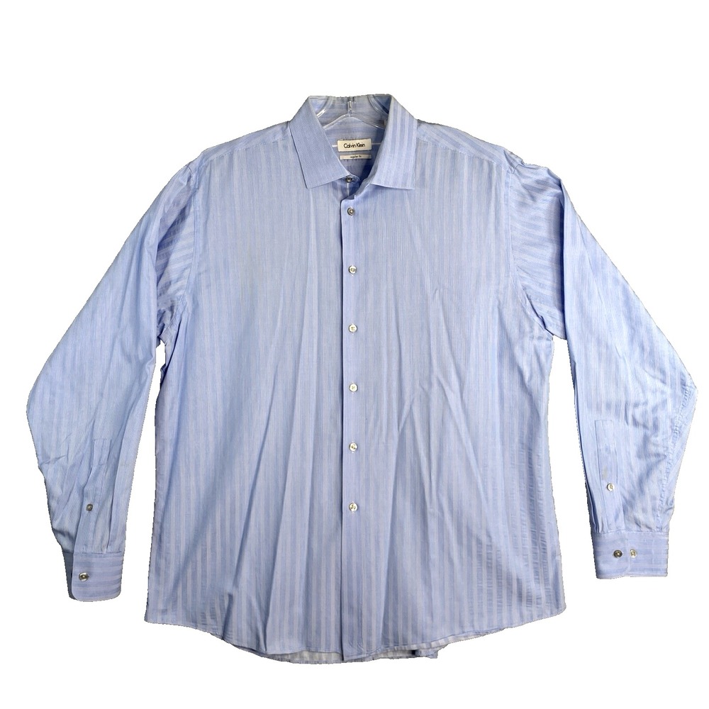 Calvin Klein Regular Fit Dress Shirt Size 17 34/35 Blue Stripe‎